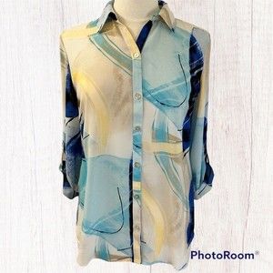 Chico’s Women’s Convertible Sleeve, Sheer,Flowy,High-low Patterned Tunic Sz 0/Sm